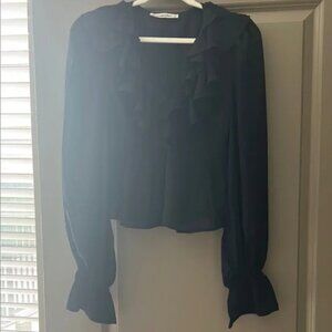 Abercrombie & Fitch Black Sheer Ruffle Blouse | Romantic V-Neck | Size S